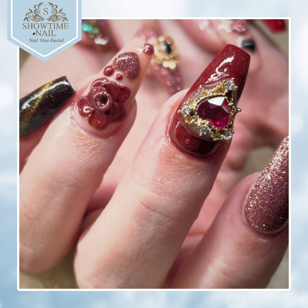 Royal Crimson & 3D Charms - Showtime Nail Las Vegas